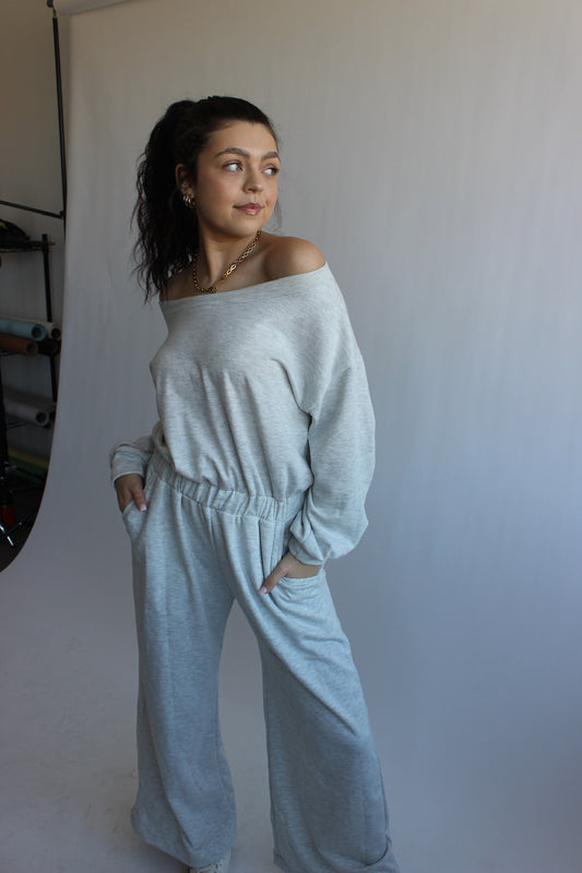 It's All Happening Heather Gray Cut Out Back Knit Jumpsuit